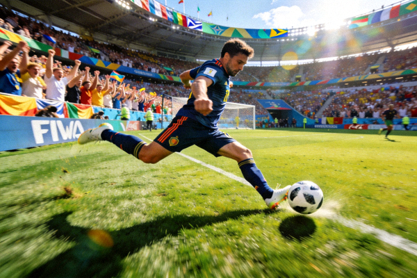 世界杯足球赛精彩比赛瞬间，球员射门场景